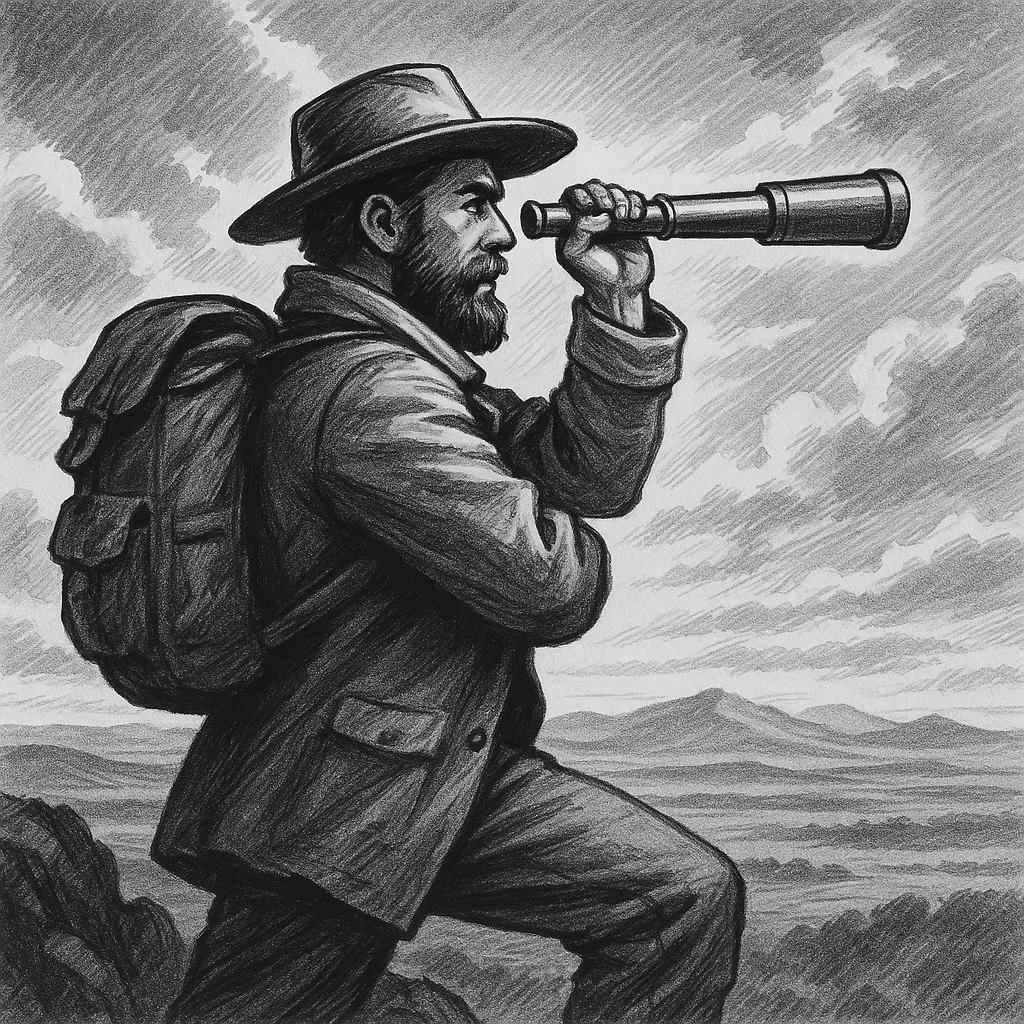 新たな挑戦のため、遠くの目標を見つめる冒険家のイラスト